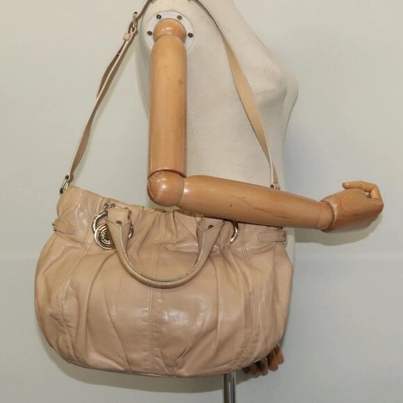 CELINE Hand Bag Leather 2way Beige Gold Auth - Picture 1 of 15